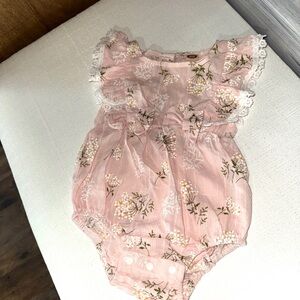 Pink Floral Lace Trim Baby Romper